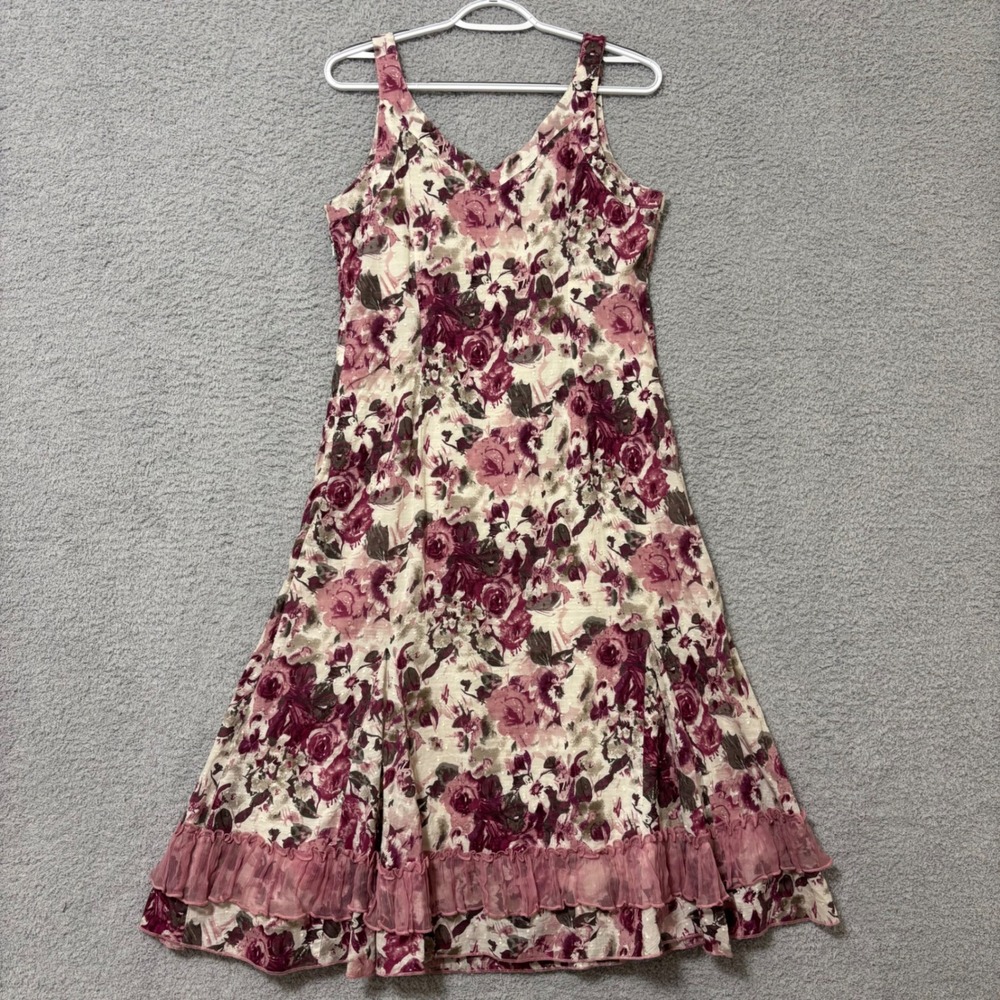 Fit & Flare Cotton Floral Midi Dress Ruffle Hem 12R Feminine Wedding Guest Party - Picture 7 of 12
